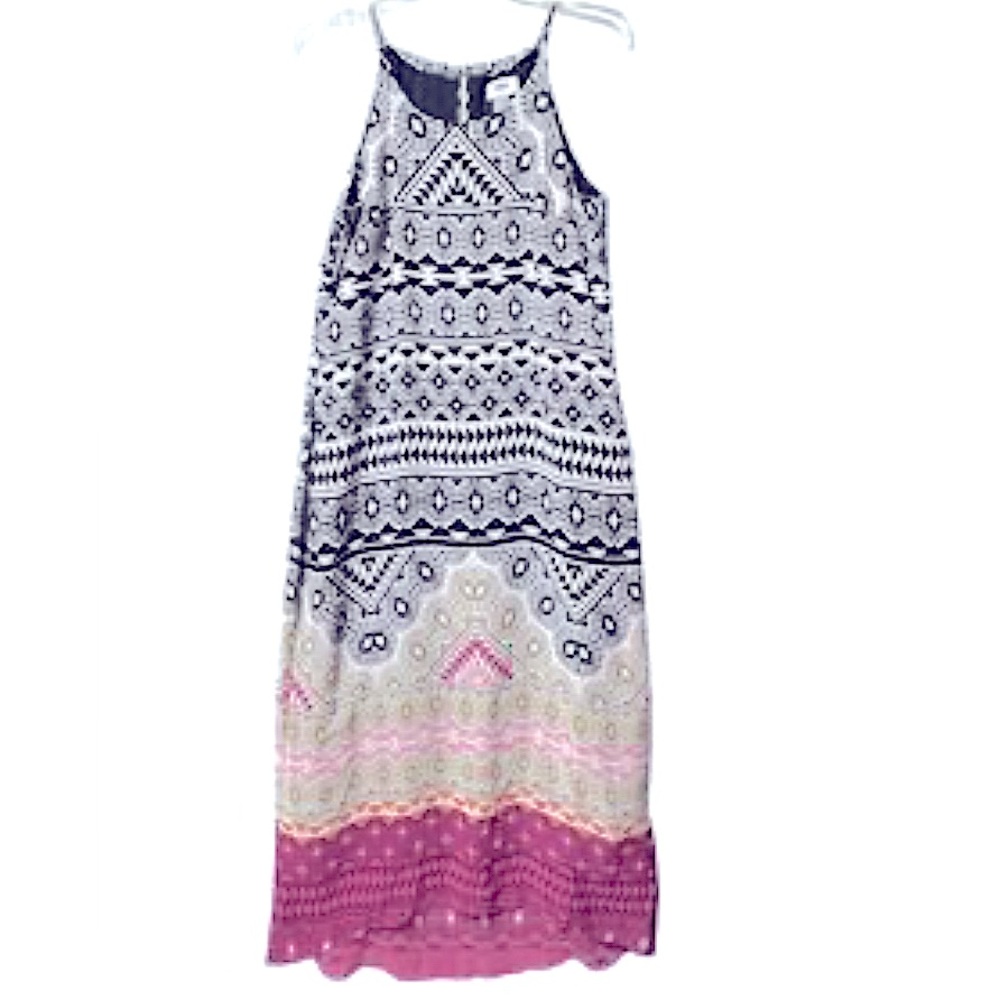 Fit & Flare Maxi Dress M Black/Pink Southwest Aztec Boho Hi/Low Casual Lined
